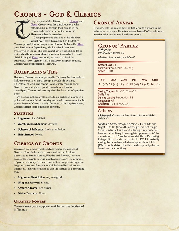 Cronus - Titan of Fetility, Time and Harvest, second Lord of The World and father of the Olympians - D&D 5e - ANGRY GAMES