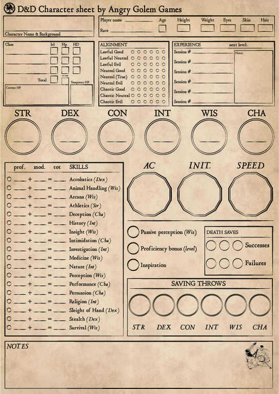 Dungeons And Dragons 5e Character Sheet Form Fillable Angry Golem Games
