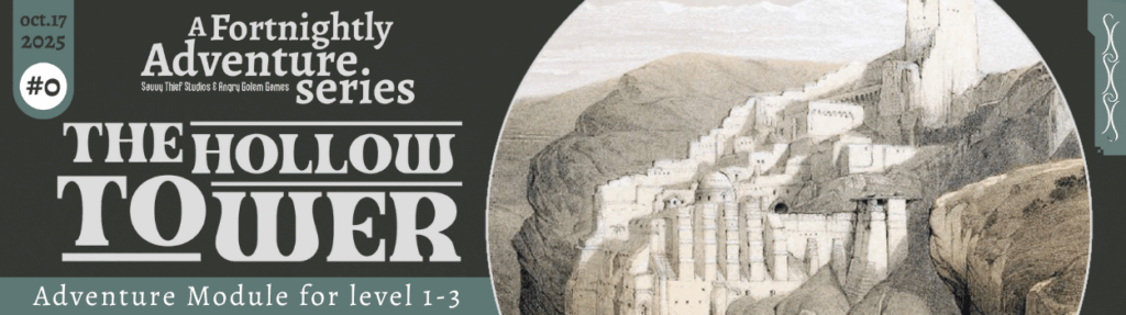 A wide panoramic view of a stone tower partially buried in desert dunes under a dark, swirling sandstorm.