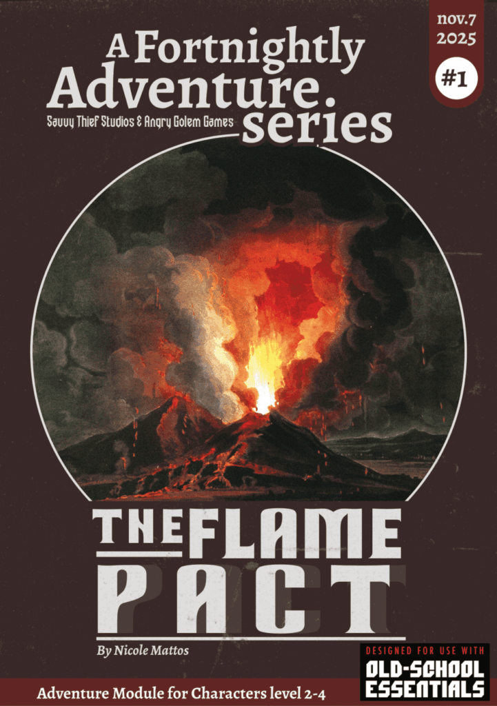 The official cover art for the OSR adventure "Fortnightly Adventures #1: The Flame Pact". The illustration depicts a menacing volcano erupting in the background, looming over a dark, ash-covered landscape where cultists gather.