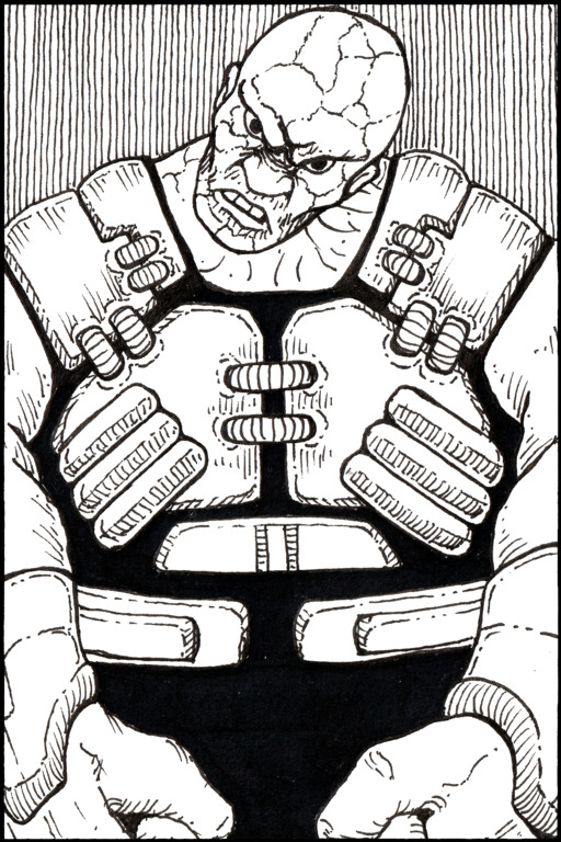 An illustration of an Ice-Blooded Mutant, a new original creature from the OSR adventure "On The Frozen Wastelands". It appears as a large, blue-skinned humanoid with stitched skin, wearing heavy furs.