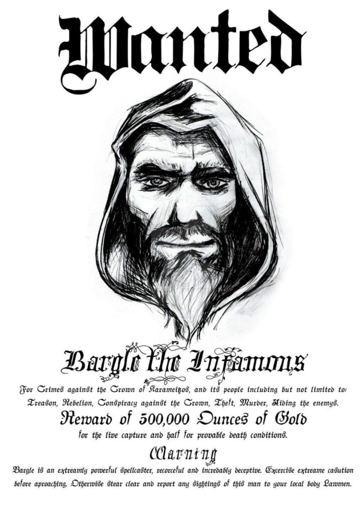 Portrait of Bargle the Infamous, a cunning wizard with a sinister smile and glowing magical energy.