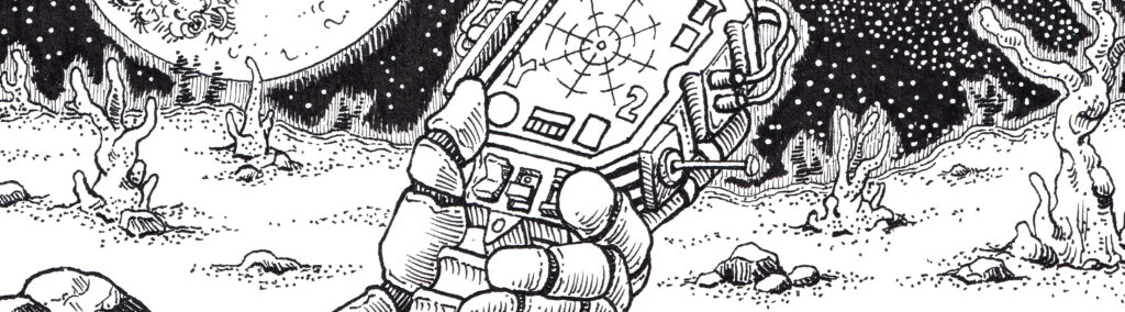 A character's hand holding a high-tech bioscanner analyzing organic matter in the field.