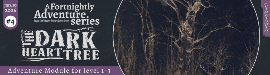 A wide, atmospheric banner image of a gnarled, dark forest under a twilight sky, with ominous trees.