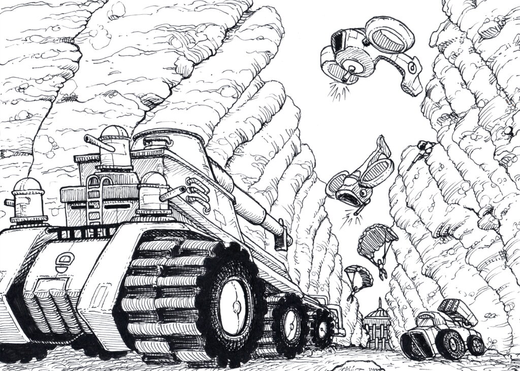 A massive Titan behemoth tank engaging a drone swarm in a narrow canyon.