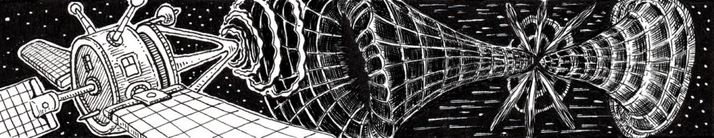 An interstellar warp transmitter satellite encoding data for pseudo-velocity transmission.